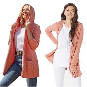 Barefoot Dreams CozyChic Ultra Lite Hooded Cardi sweater coral pink L large